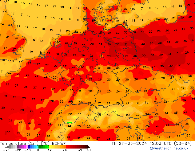 Sıcaklık Haritası (2m) ECMWF Per 27.06.2024 12 UTC