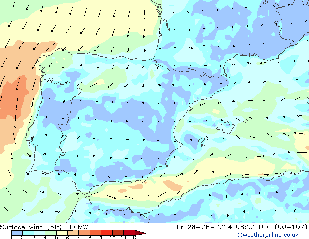 Vent 10 m (bft) ECMWF ven 28.06.2024 06 UTC