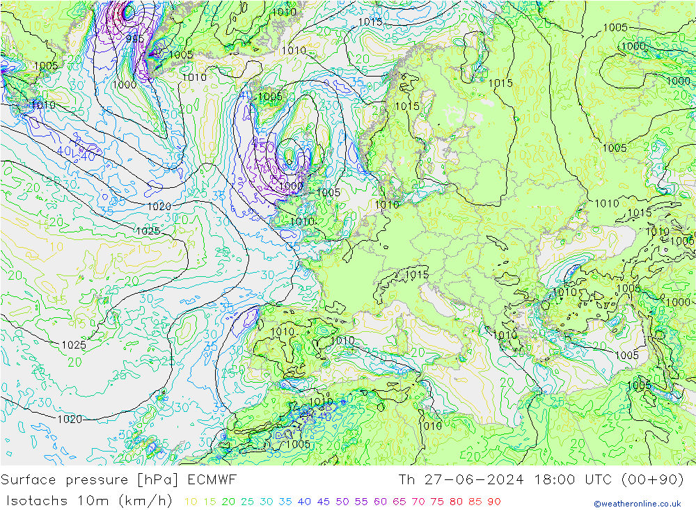 Izotacha (km/godz) ECMWF czw. 27.06.2024 18 UTC
