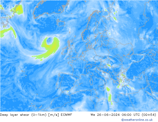 Deep layer shear (0-1km) ECMWF  26.06.2024 06 UTC