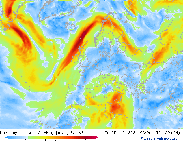 Deep layer shear (0-6km) ECMWF Sa 25.06.2024 00 UTC