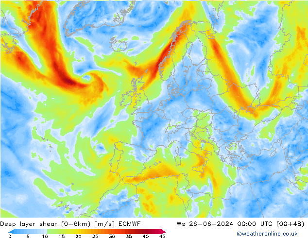 Deep layer shear (0-6km) ECMWF mer 26.06.2024 00 UTC