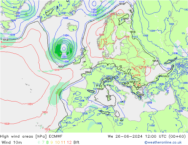 High wind areas ECMWF mié 26.06.2024 12 UTC