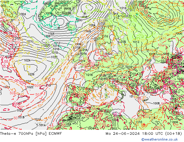 Theta-e 700hPa ECMWF  24.06.2024 18 UTC