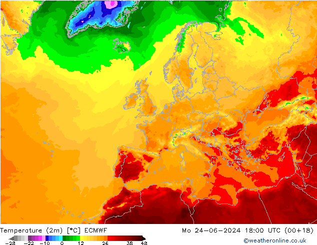 Temperature (2m) ECMWF Mo 24.06.2024 18 UTC