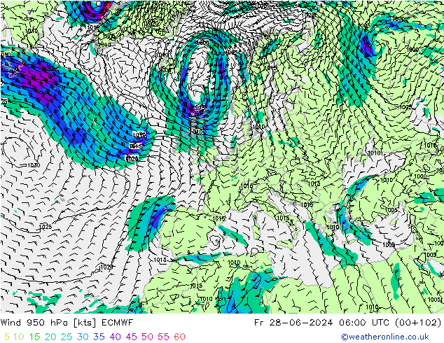 Wind 950 hPa ECMWF Fr 28.06.2024 06 UTC