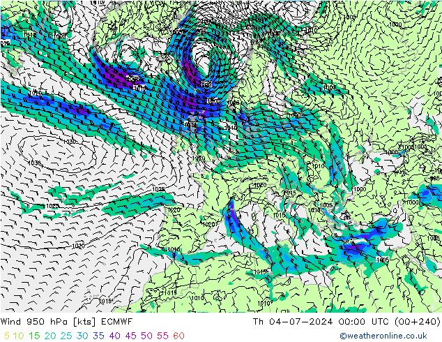 Wind 950 hPa ECMWF Čt 04.07.2024 00 UTC