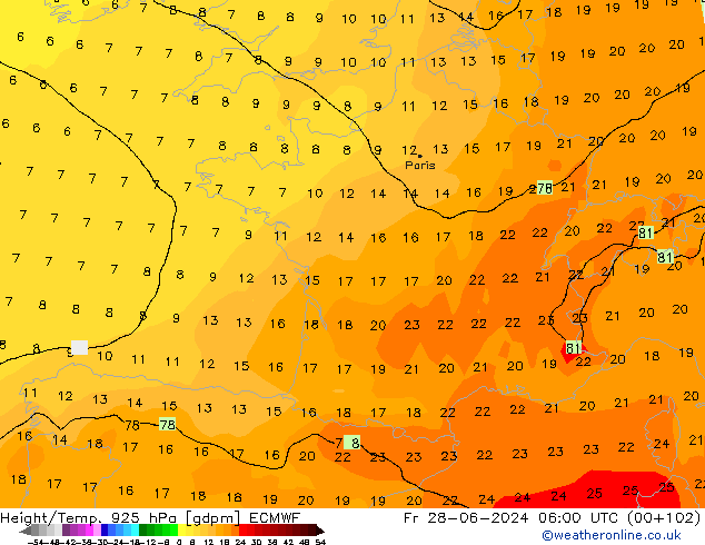 Height/Temp. 925 hPa ECMWF Fr 28.06.2024 06 UTC