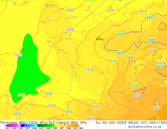 Espesor 850-1000 hPa ECMWF dom 30.06.2024 06 UTC