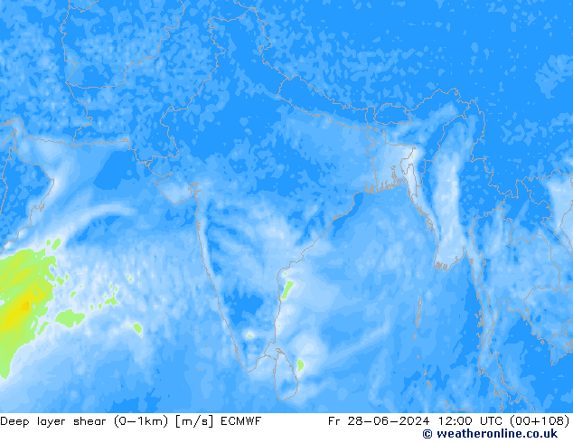 Deep layer shear (0-1km) ECMWF Fr 28.06.2024 12 UTC