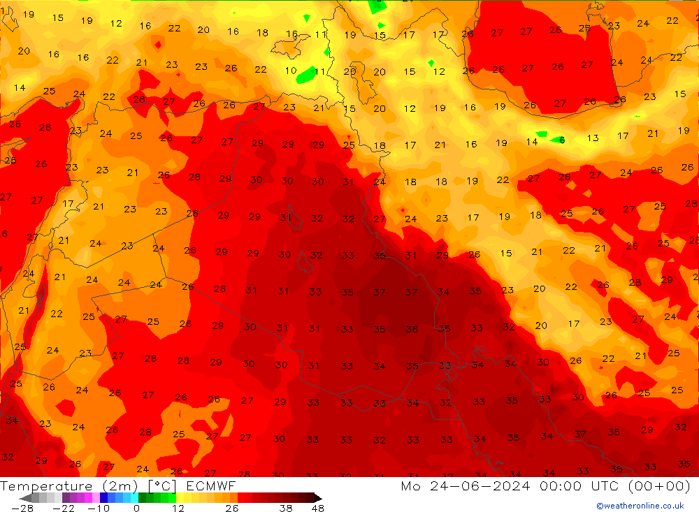 Temperature (2m) ECMWF Mo 24.06.2024 00 UTC
