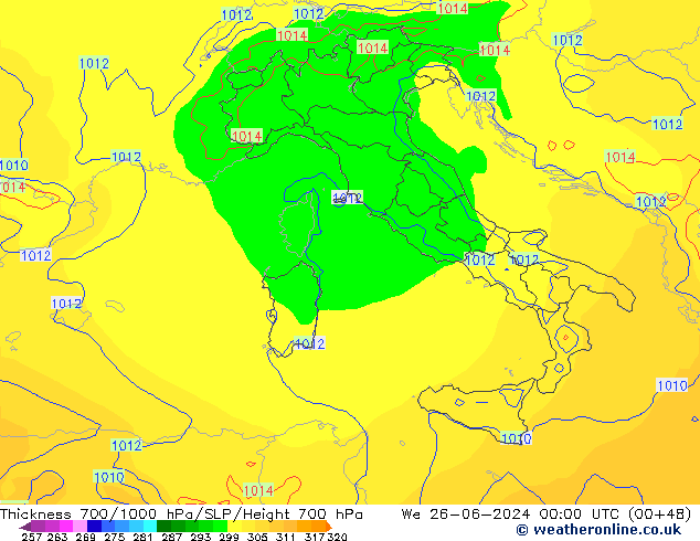 Dikte700-1000 hPa ECMWF wo 26.06.2024 00 UTC