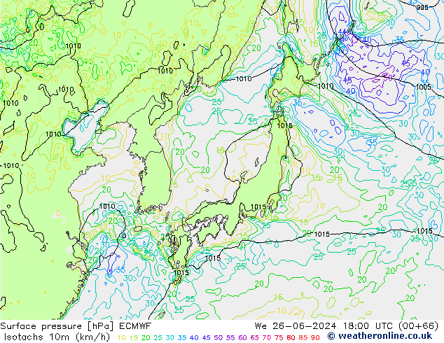 Isotachs (kph) ECMWF St 26.06.2024 18 UTC