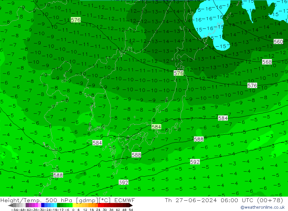 Z500/Rain (+SLP)/Z850 ECMWF czw. 27.06.2024 06 UTC