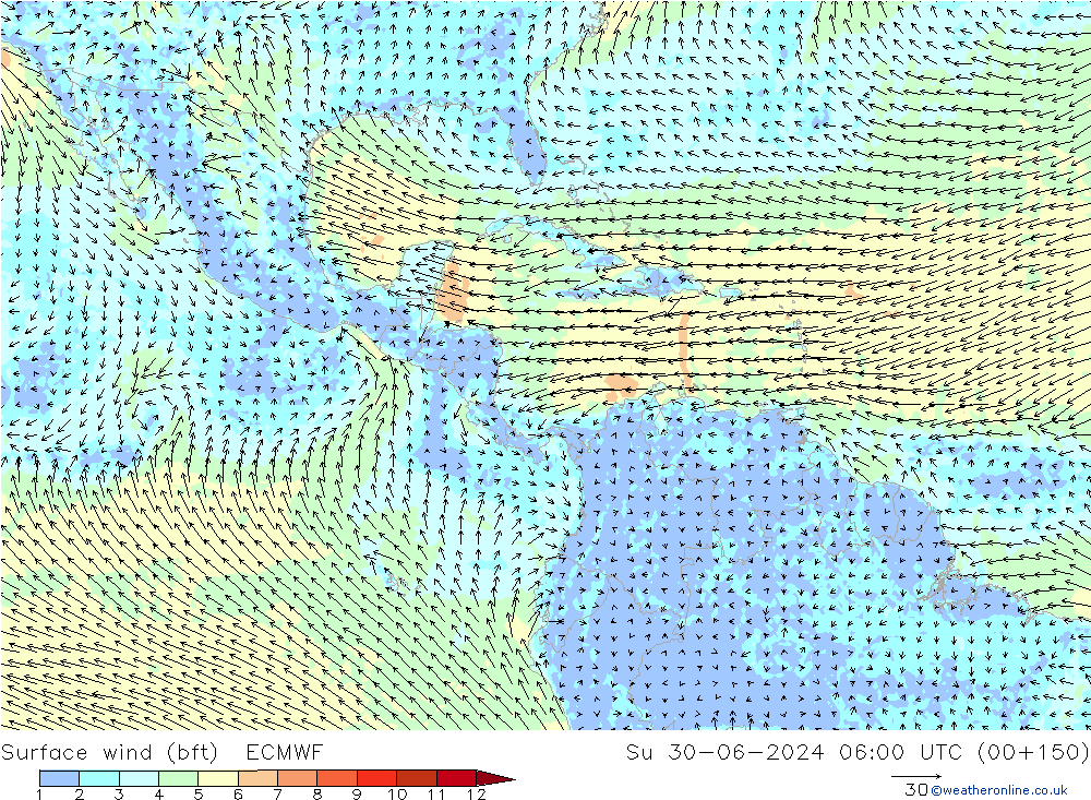 Surface wind (bft) ECMWF Su 30.06.2024 06 UTC