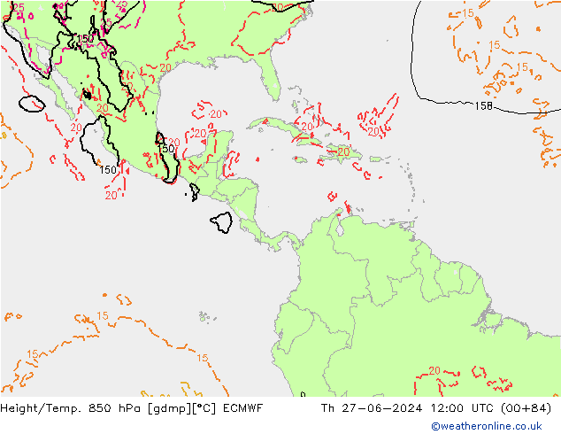 Z500/Rain (+SLP)/Z850 ECMWF Čt 27.06.2024 12 UTC