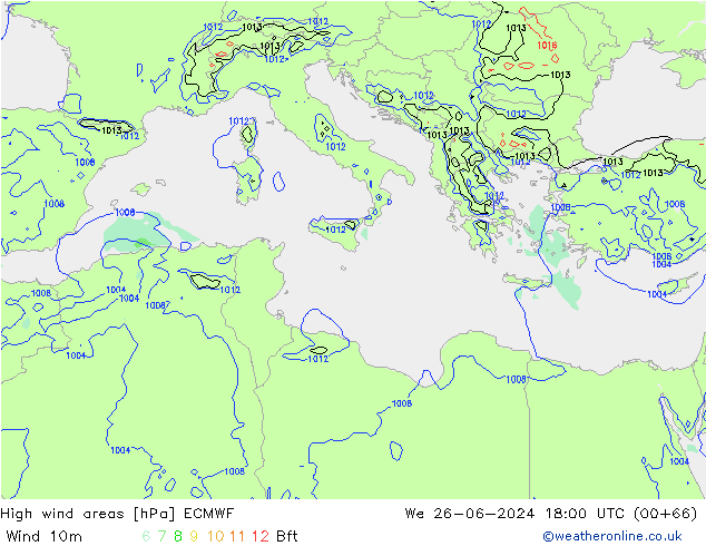 High wind areas ECMWF We 26.06.2024 18 UTC