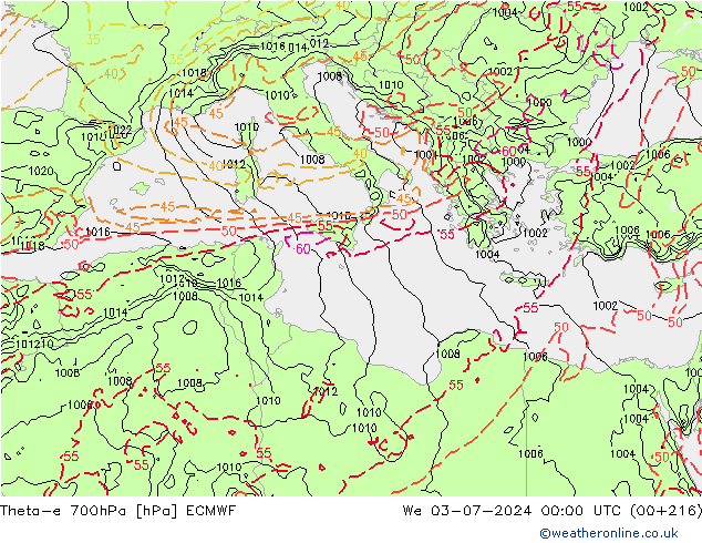 Theta-e 700hPa ECMWF St 03.07.2024 00 UTC