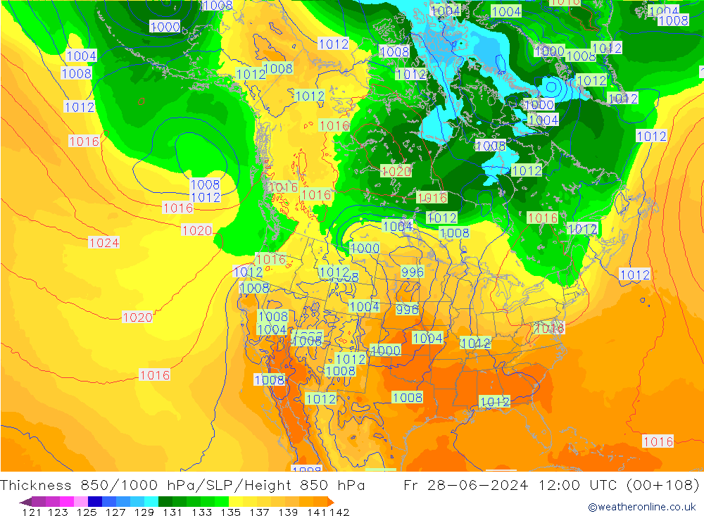 Dikte 850-1000 hPa ECMWF vr 28.06.2024 12 UTC