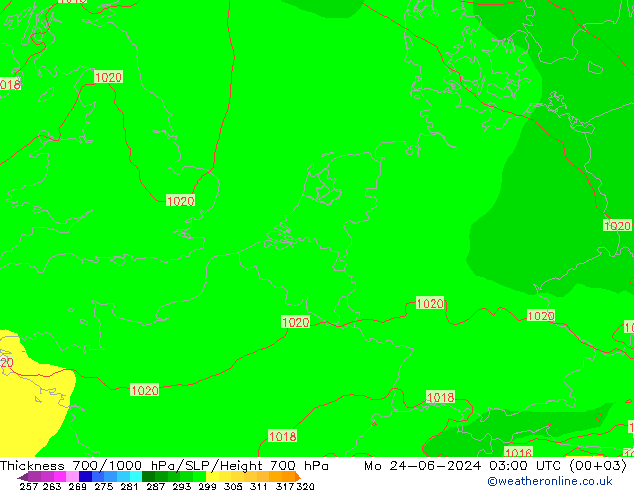 Thck 700-1000 hPa ECMWF Mo 24.06.2024 03 UTC