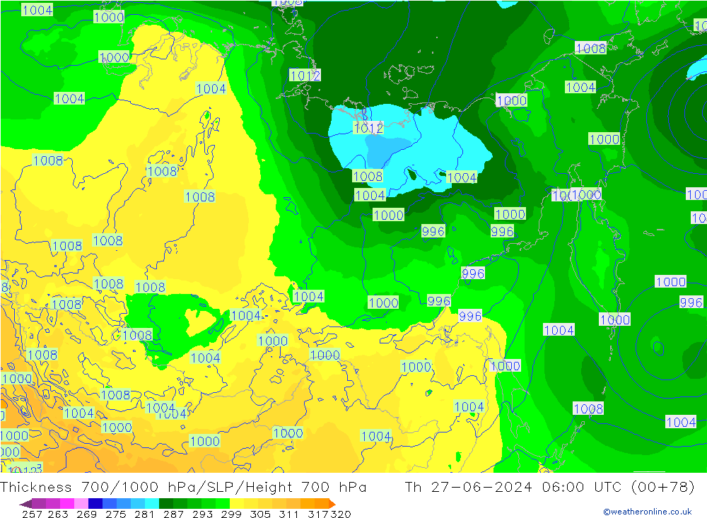 Thck 700-1000 hPa ECMWF  27.06.2024 06 UTC