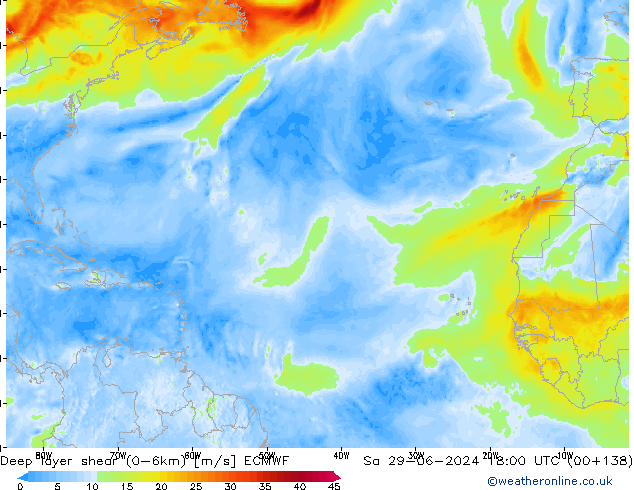 Deep layer shear (0-6km) ECMWF Cts 29.06.2024 18 UTC