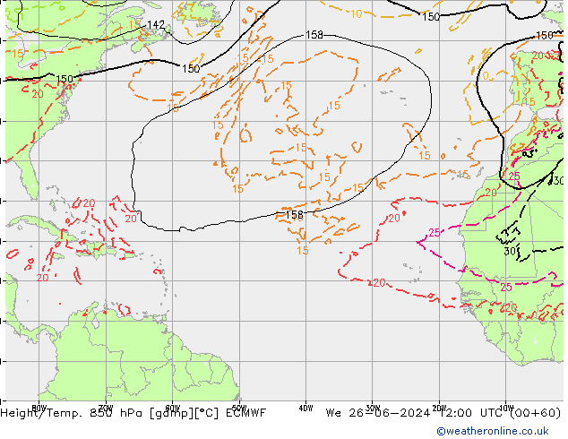 Height/Temp. 850 hPa ECMWF mer 26.06.2024 12 UTC