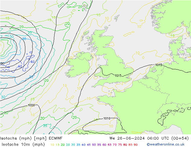 Isotachen (mph) ECMWF wo 26.06.2024 06 UTC