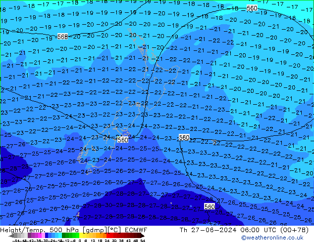 Z500/Rain (+SLP)/Z850 ECMWF gio 27.06.2024 06 UTC