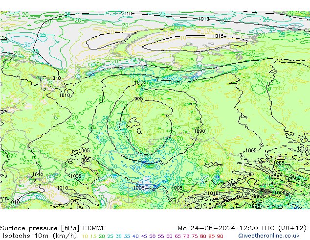 Eşrüzgar Hızları (km/sa) ECMWF Pzt 24.06.2024 12 UTC