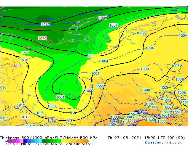 Thck 500-1000hPa ECMWF czw. 27.06.2024 18 UTC