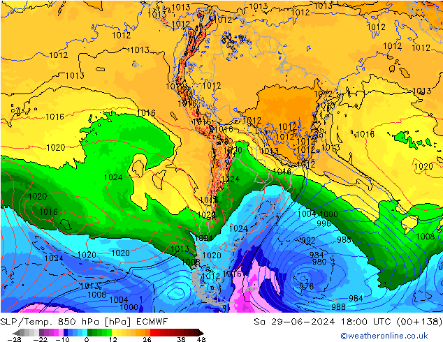 SLP/Temp. 850 hPa ECMWF so. 29.06.2024 18 UTC