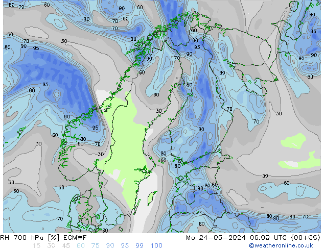 RH 700 hPa ECMWF 星期一 24.06.2024 06 UTC