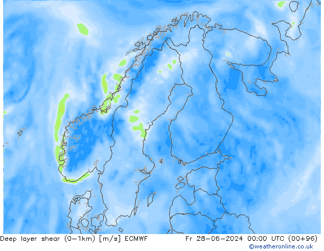 Deep layer shear (0-1km) ECMWF Fr 28.06.2024 00 UTC