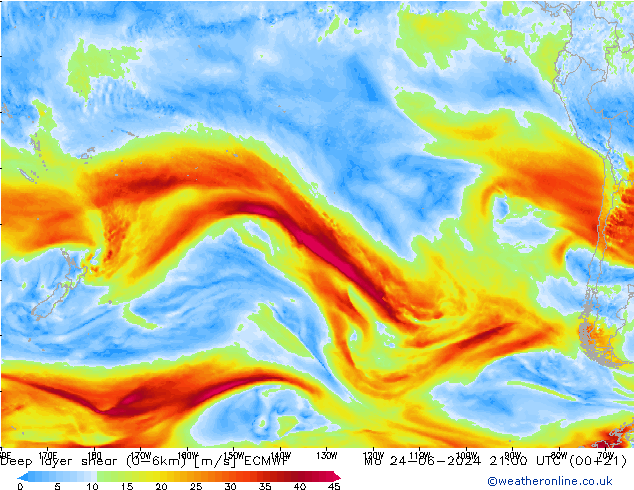 Deep layer shear (0-6km) ECMWF lun 24.06.2024 21 UTC