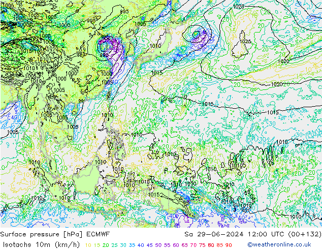 Isotachen (km/h) ECMWF za 29.06.2024 12 UTC