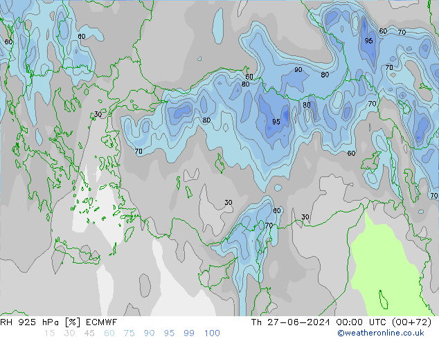 RH 925 hPa ECMWF czw. 27.06.2024 00 UTC