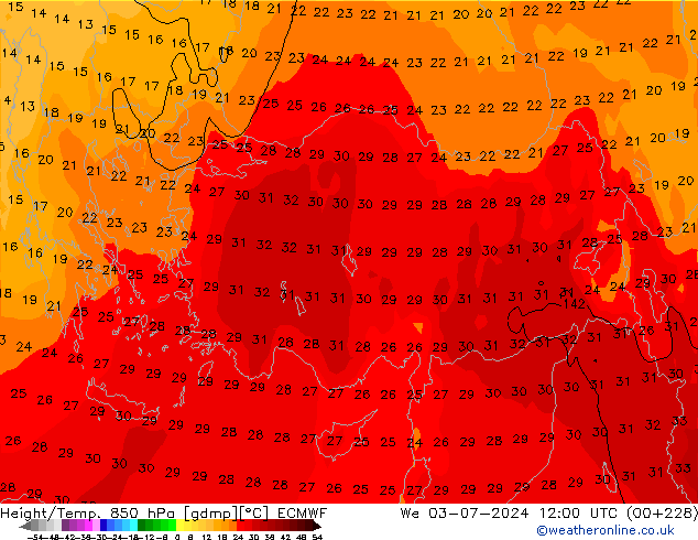 Height/Temp. 850 hPa ECMWF śro. 03.07.2024 12 UTC