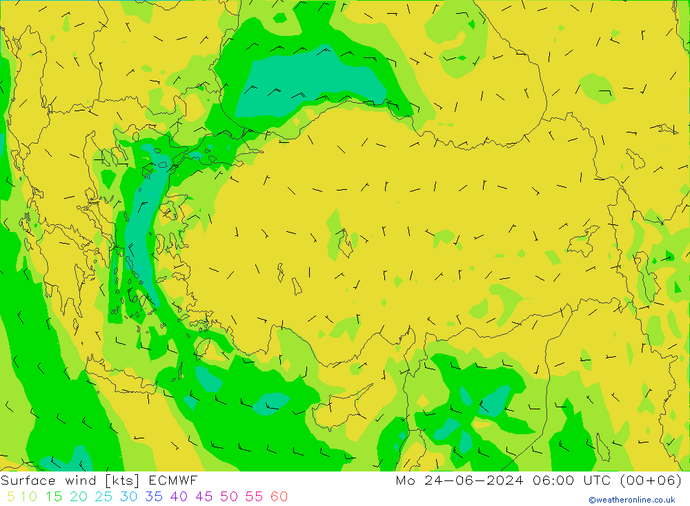 Prec 6h/Wind 10m/950 ECMWF Po 24.06.2024 06 UTC