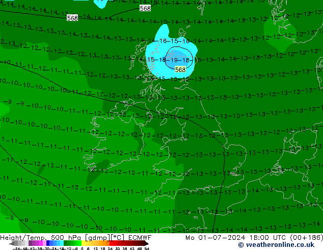 Height/Temp. 500 hPa ECMWF pon. 01.07.2024 18 UTC