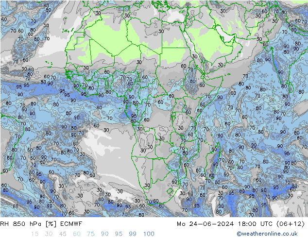 RH 850 hPa ECMWF pon. 24.06.2024 18 UTC