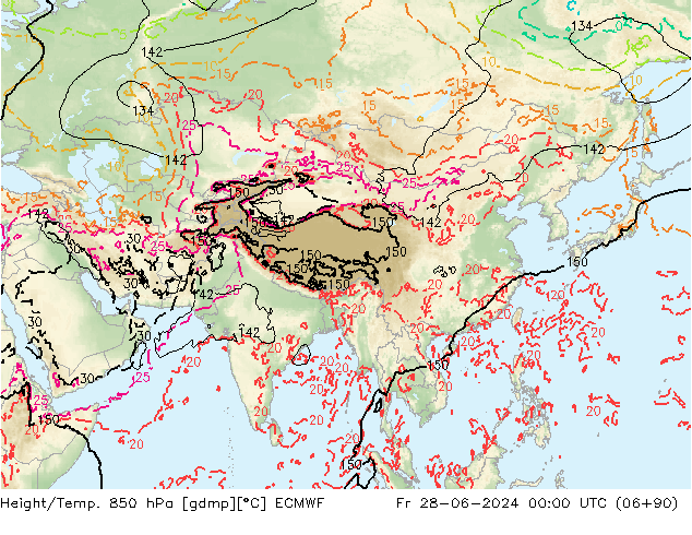 Hoogte/Temp. 850 hPa ECMWF vr 28.06.2024 00 UTC