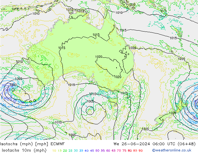 Isotachs (mph) ECMWF We 26.06.2024 06 UTC