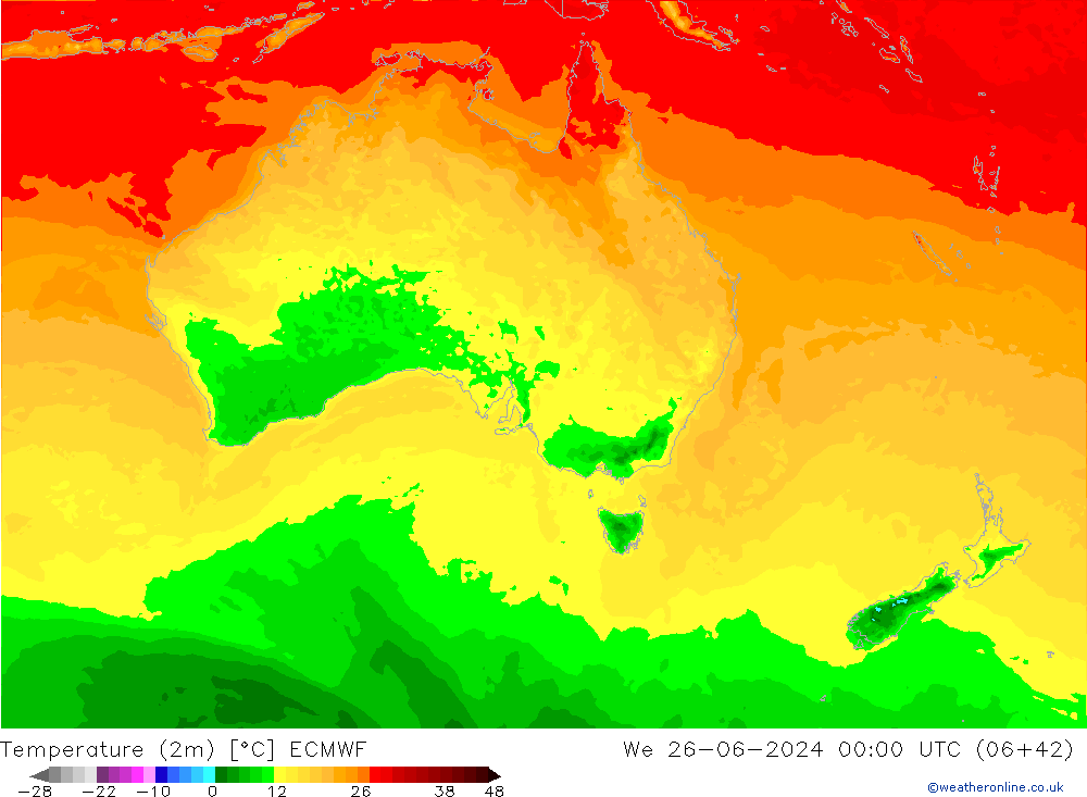 Sıcaklık Haritası (2m) ECMWF Çar 26.06.2024 00 UTC