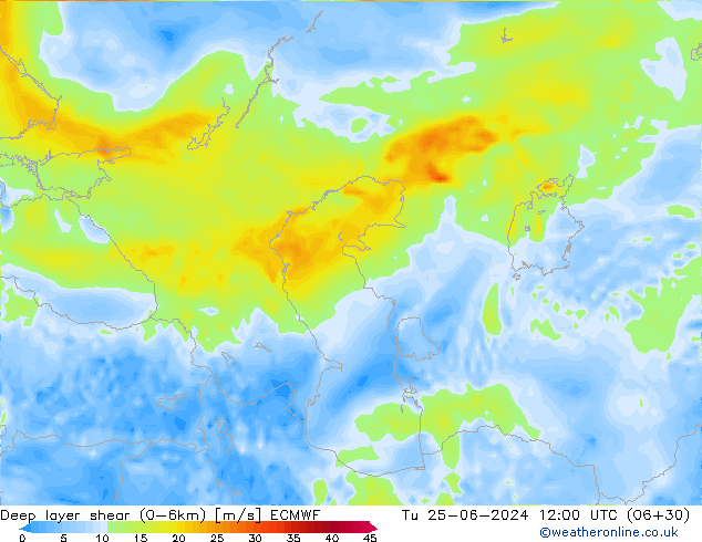 Deep layer shear (0-6km) ECMWF Sa 25.06.2024 12 UTC