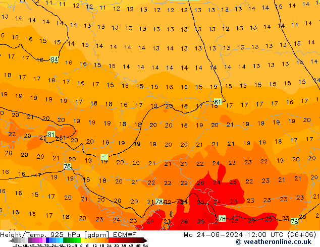 Hoogte/Temp. 925 hPa ECMWF ma 24.06.2024 12 UTC