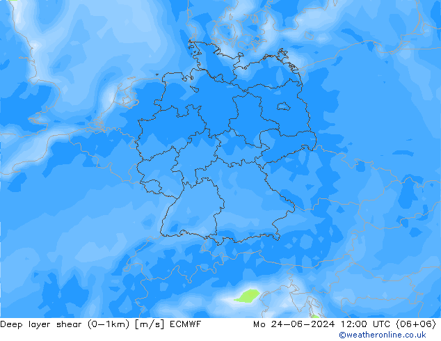 Deep layer shear (0-1km) ECMWF Po 24.06.2024 12 UTC