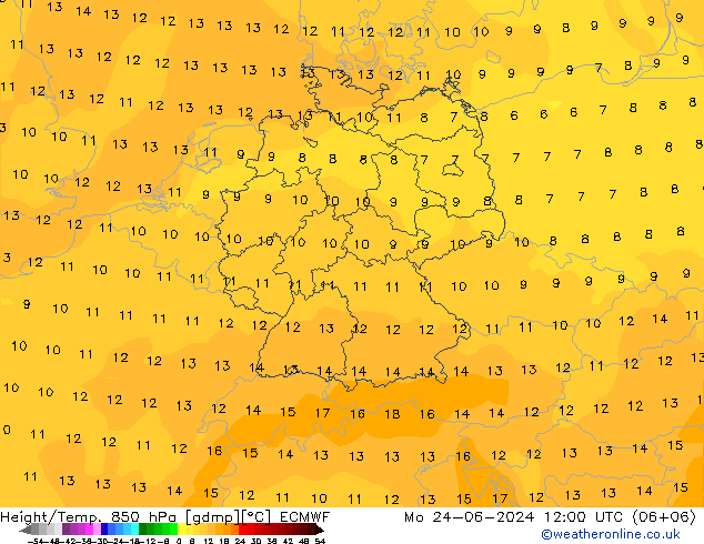 Geop./Temp. 850 hPa ECMWF lun 24.06.2024 12 UTC