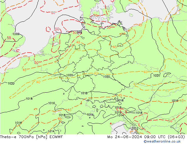 Theta-e 700hPa ECMWF Mo 24.06.2024 09 UTC