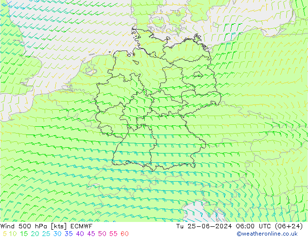 Wind 500 hPa ECMWF Di 25.06.2024 06 UTC